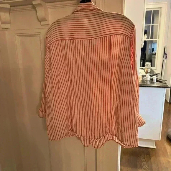 Chico’s LINEN Button Down Pink/white Stripe Shirt W/Pockets/metal Buttons Sz XL - Picture 2 of 7
